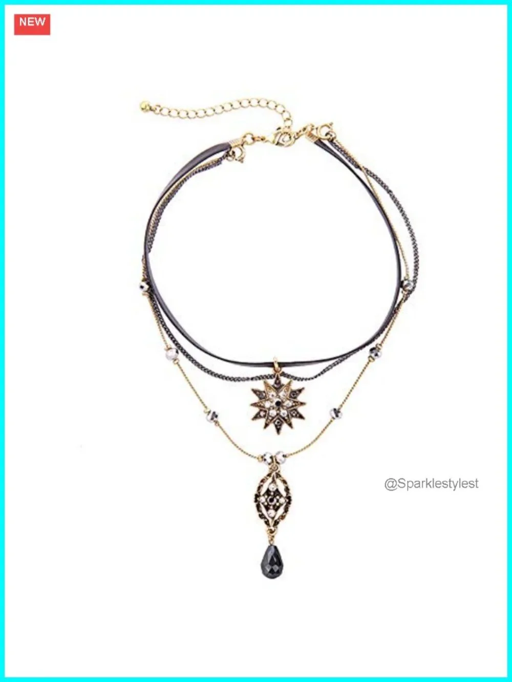 Layered Star Pendant Choker Necklace with Rhinestone Leather Detail